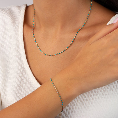 Blue Topaz Enameled Beaded Bracelet 14K Solid Gold / Silver, Mini Italian Ball Chain, December Birthstone