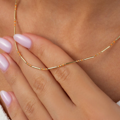 Citrine 14K Solid Gold / Silver Layered Enameled Spaced Beaded Bar Necklace, Birthstone Jewelry