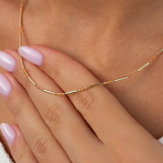 Citrine 14K Solid Gold / Silver Layered Enameled Spaced Beaded Bar Necklace, Birthstone Jewelry