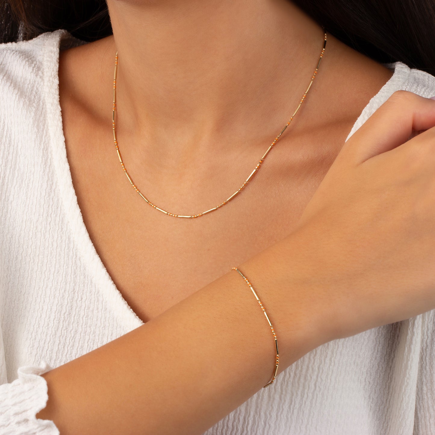 Citrine 14K Solid Gold / Silver Layered Enameled Spaced Beaded Bar Necklace, Birthstone Jewelry