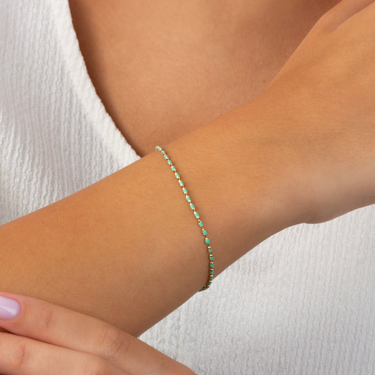 Turquoise Enameled Beaded Bracelet 14K / Silver Solid Gold, Mini Italian Ball Chain