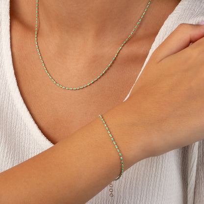 Turquoise Enameled Beaded Bracelet 14K / Silver Solid Gold, Mini Italian Ball Chain