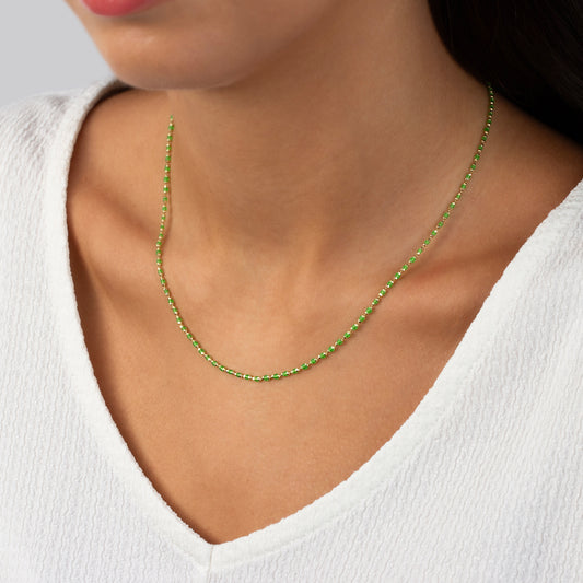Aquagreen Enameled Beaded Necklace 14K / Silver Solid Gold, Mini Italian Ball Chain