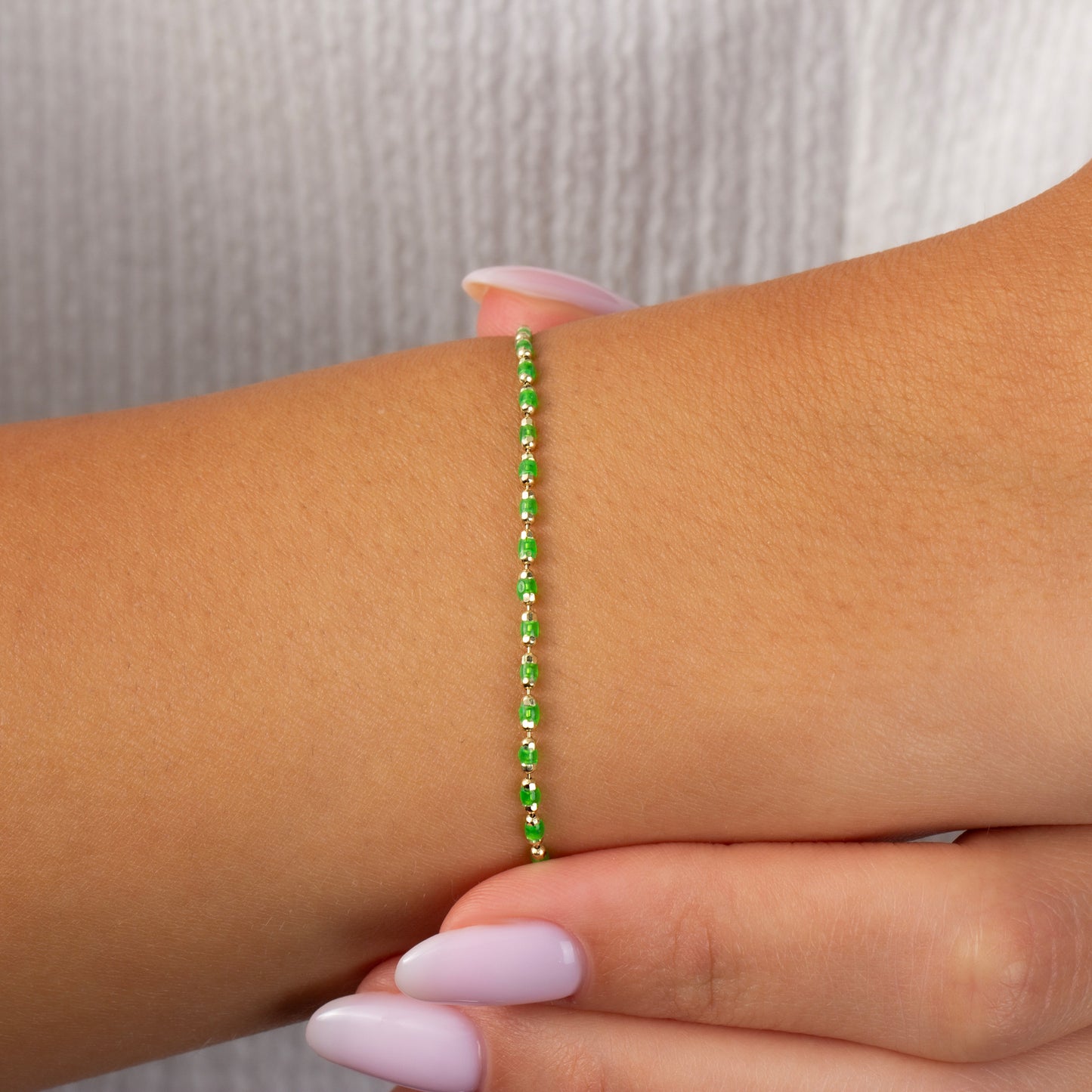Aquagreen Enameled Beaded Bracelet 14K Solid Gold / Silver, Mini Italian Ball Chain