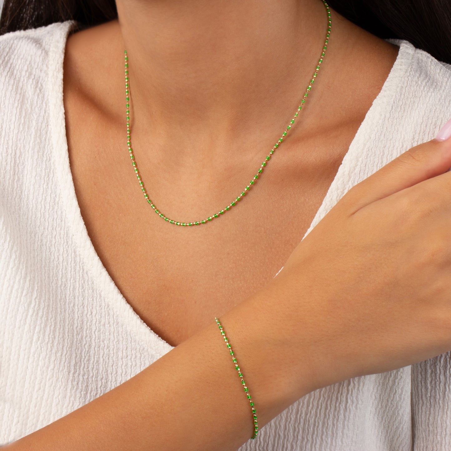 Aquagreen Enameled Beaded Bracelet 14K Solid Gold / Silver, Mini Italian Ball Chain