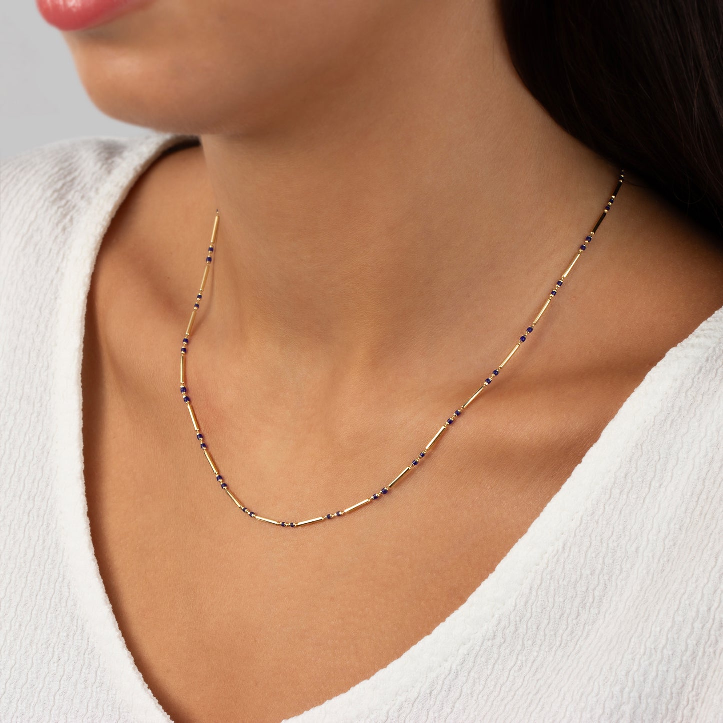 Sapphire 14K Solid Gold / Silver Layered Enameled Spaced Beaded Bar Necklace, Birthstone Jewelry