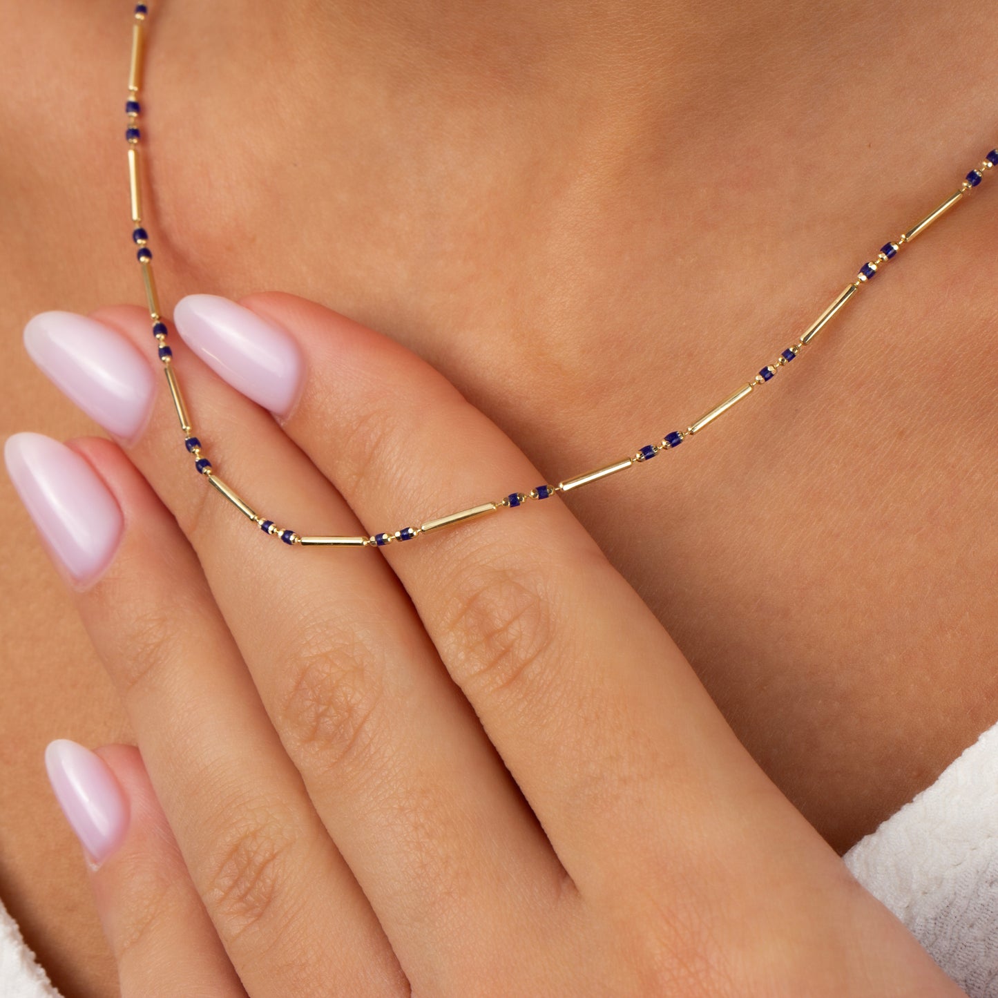 Sapphire 14K Solid Gold / Silver Layered Enameled Spaced Beaded Bar Necklace, Birthstone Jewelry