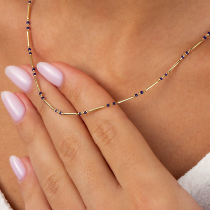 Sapphire 14K Solid Gold / Silver Layered Enameled Spaced Beaded Bar Necklace, Birthstone Jewelry