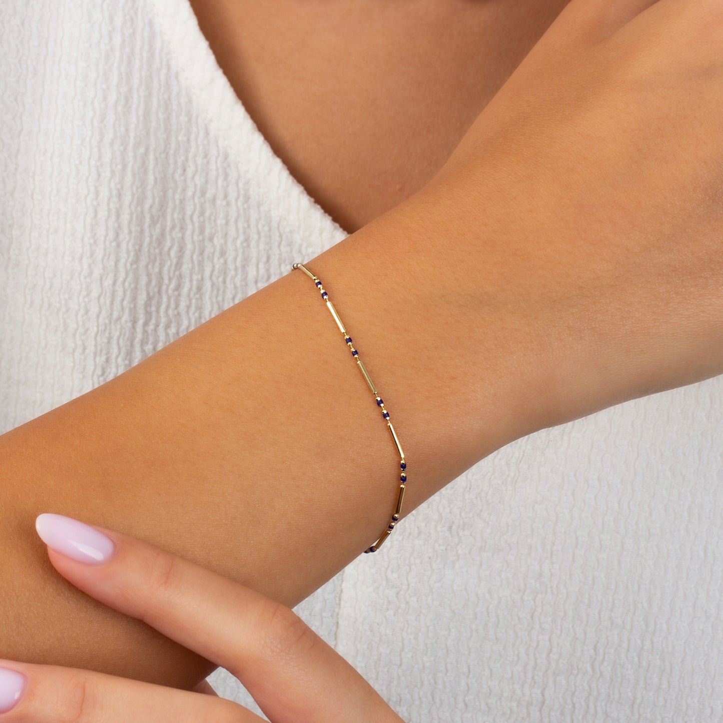 Sapphire Enameled Beaded Bar Bracelet 14K Solid Gold / Silver, Layered Spaced Design
