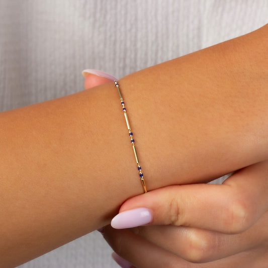 Sapphire Enameled Beaded Bar Bracelet 14K Solid Gold / Silver, Layered Spaced Design