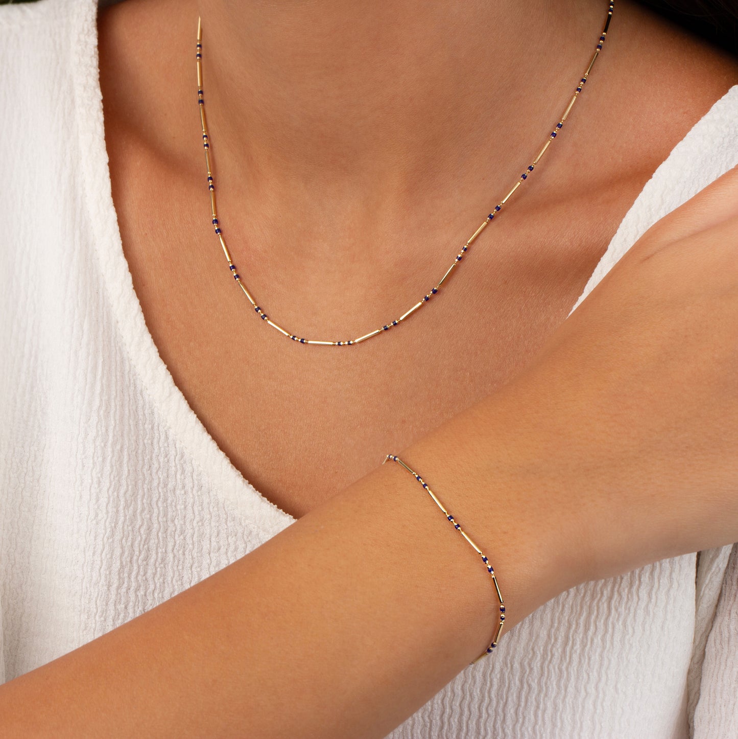 Sapphire 14K Solid Gold / Silver Layered Enameled Spaced Beaded Bar Necklace, Birthstone Jewelry