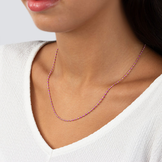 Colorful Enameled Beaded Necklace in 14K / Silver Solid Gold, Mini Italian Ball Chain, Meaningful Amethyst Birthstone