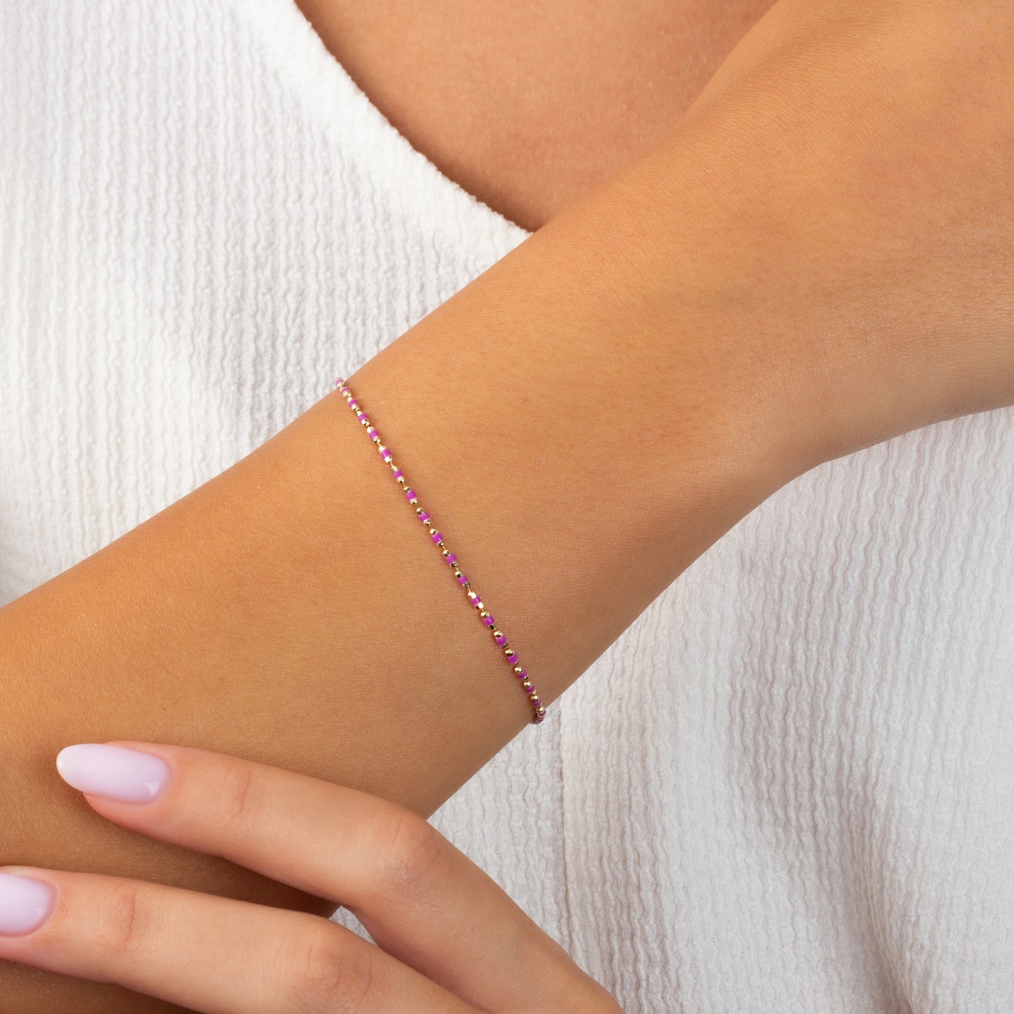 Amethyst Enameled Beaded Bracelet 14K Solid Gold / Silver, Mini Italian Ball Chain, February Birthstone
