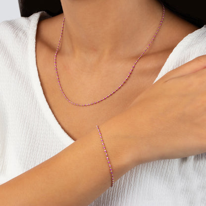 Amethyst Enameled Beaded Bracelet 14K Solid Gold / Silver, Mini Italian Ball Chain, February Birthstone
