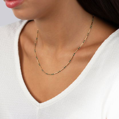 Emerald 14K Solid Gold / Silver Layered Enameled Spaced Beaded Bar Necklace, Birthstone Jewelry