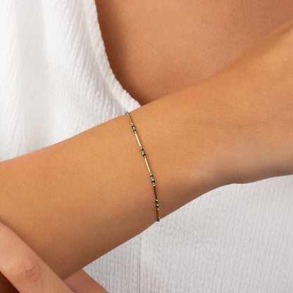 Emerald Enameled Beaded Bar Bracelet 14K Solid Gold / Silver, Layered Spaced Design