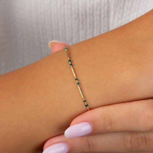 Emerald Enameled Beaded Bar Bracelet 14K Solid Gold / Silver, Layered Spaced Design