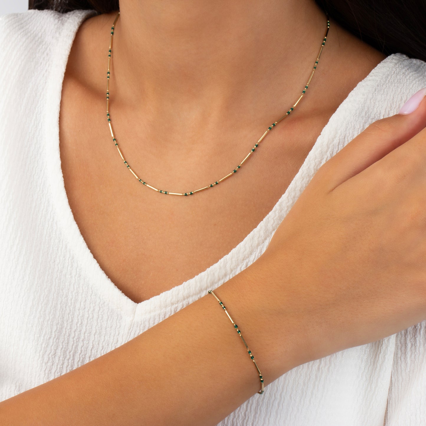 Emerald 14K Solid Gold / Silver Layered Enameled Spaced Beaded Bar Necklace, Birthstone Jewelry