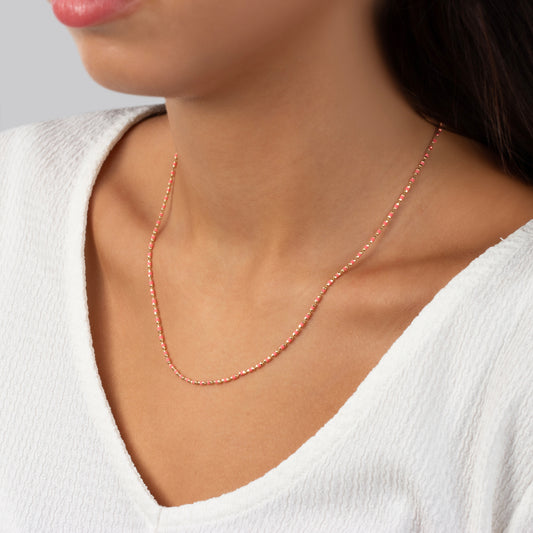 Pink Tourmaline Enameled Beaded Necklace in 14K / Silver Solid Gold, Mini Italian Ball Chain