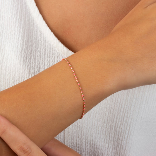 Pink Tourmaline Enameled Beaded Bracelet 14K Solid Gold / Silver, Mini Italian Ball Chain