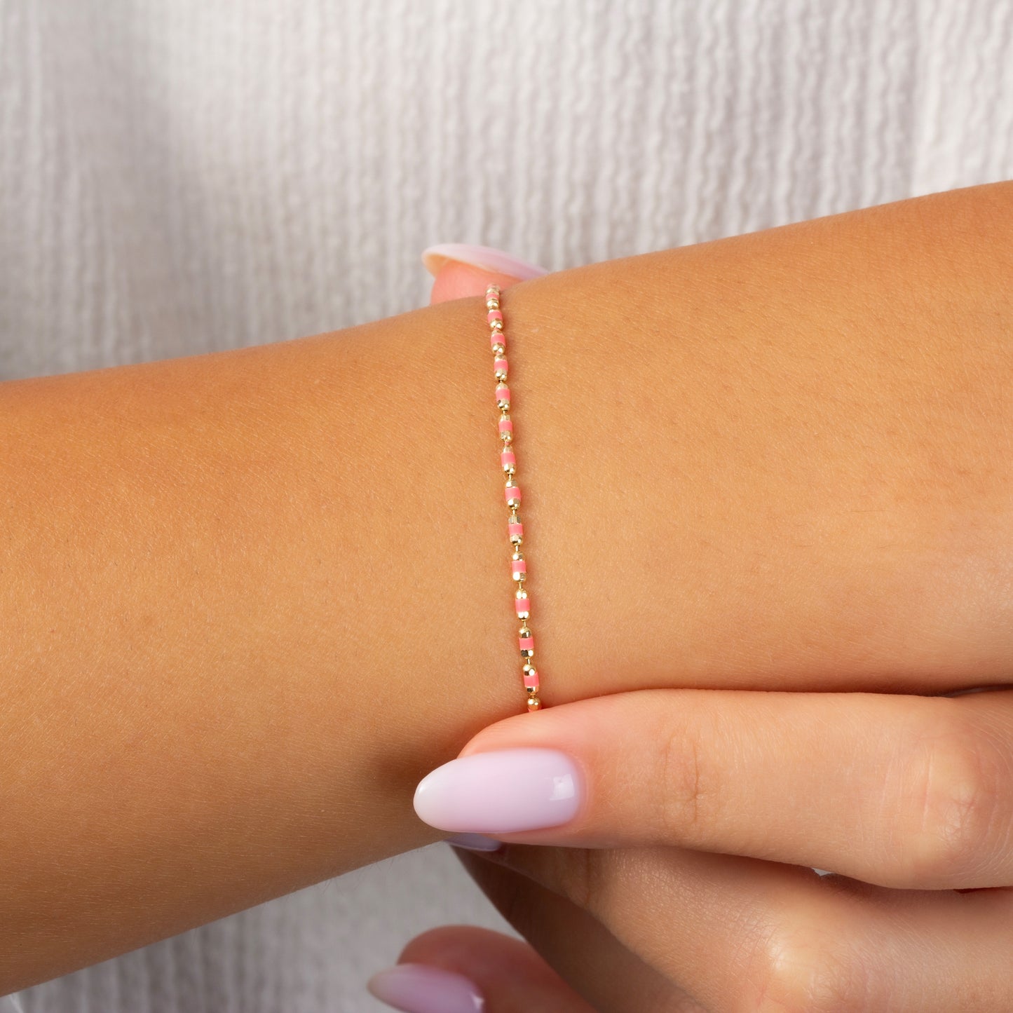 Pink Tourmaline Enameled Beaded Bracelet 14K Solid Gold / Silver, Mini Italian Ball Chain