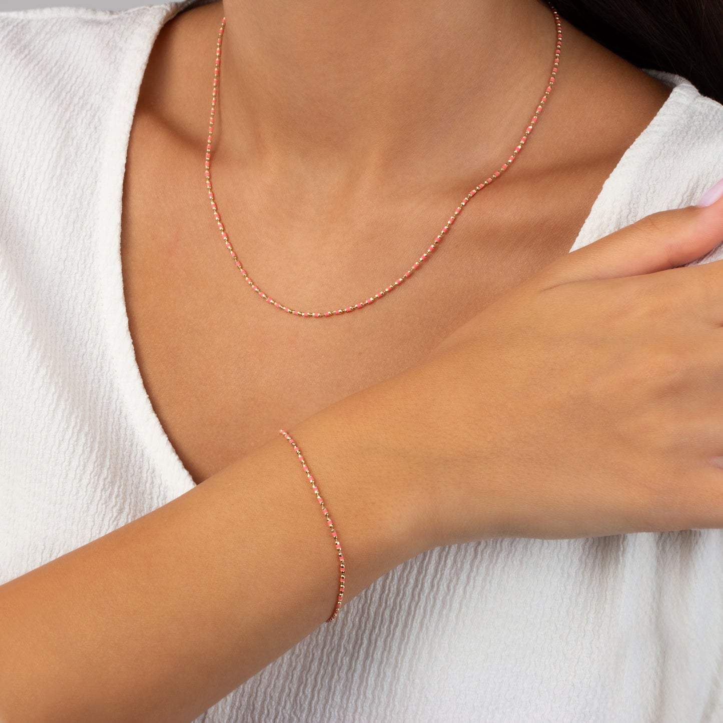 Pink Tourmaline Enameled Beaded Bracelet 14K Solid Gold / Silver, Mini Italian Ball Chain