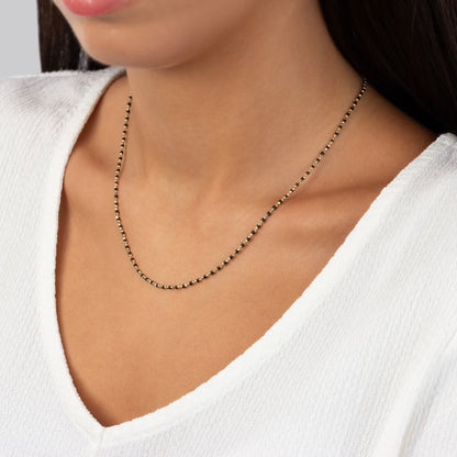 Black Onyx Enameled Beaded Necklace in 14K / Silver Solid Gold, Mini Italian Ball Chain
