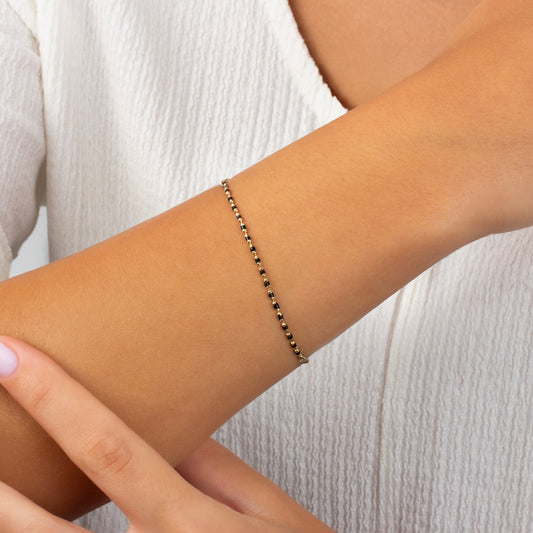 Black Onyx Beaded Bracelet in 14K Solid Gold / Silver, Mini Italian Ball Chain