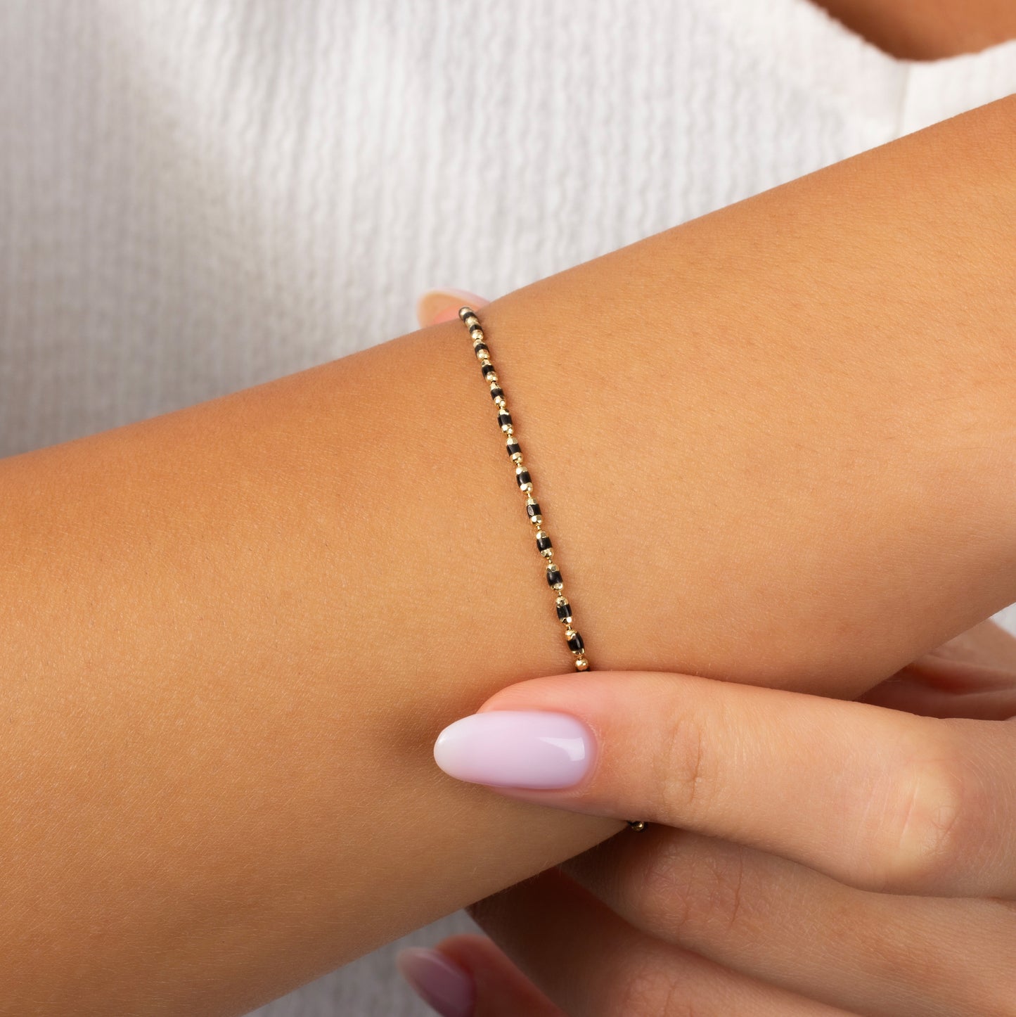 Black Onyx Beaded Bracelet in 14K Solid Gold / Silver, Mini Italian Ball Chain