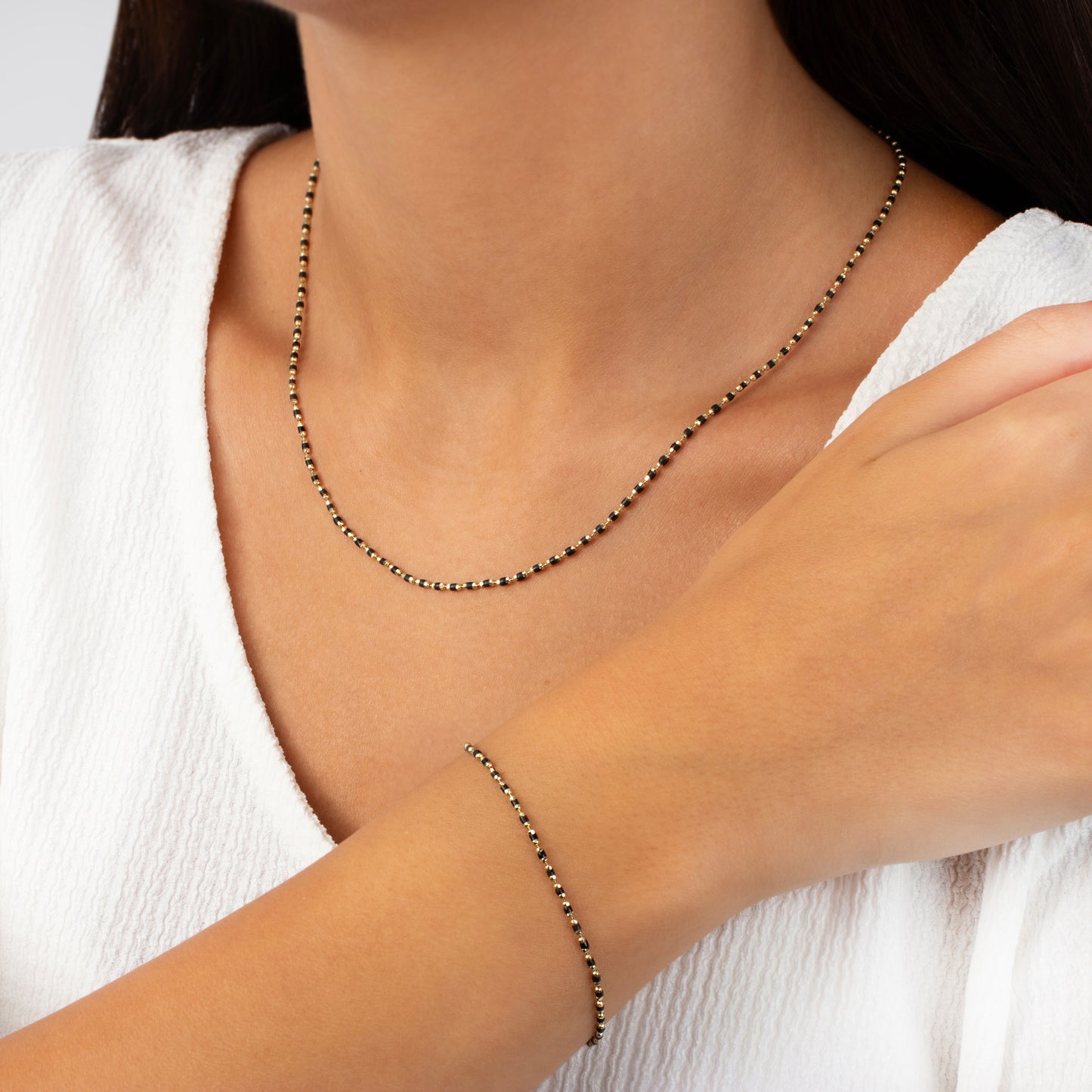 Black Onyx Enameled Beaded Necklace in 14K / Silver Solid Gold, Mini Italian Ball Chain