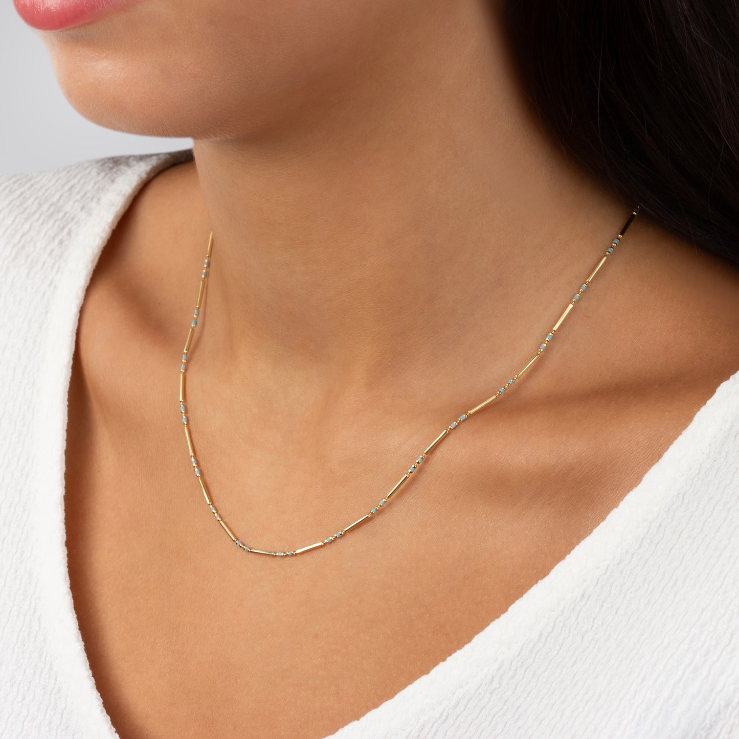 Aquamarine 14K Solid Gold / Silver Layered Enameled Spaced Beaded Bar Necklace, Birthstone Jewelry