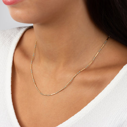 Aquamarine 14K Solid Gold / Silver Layered Enameled Spaced Beaded Bar Necklace, Birthstone Jewelry