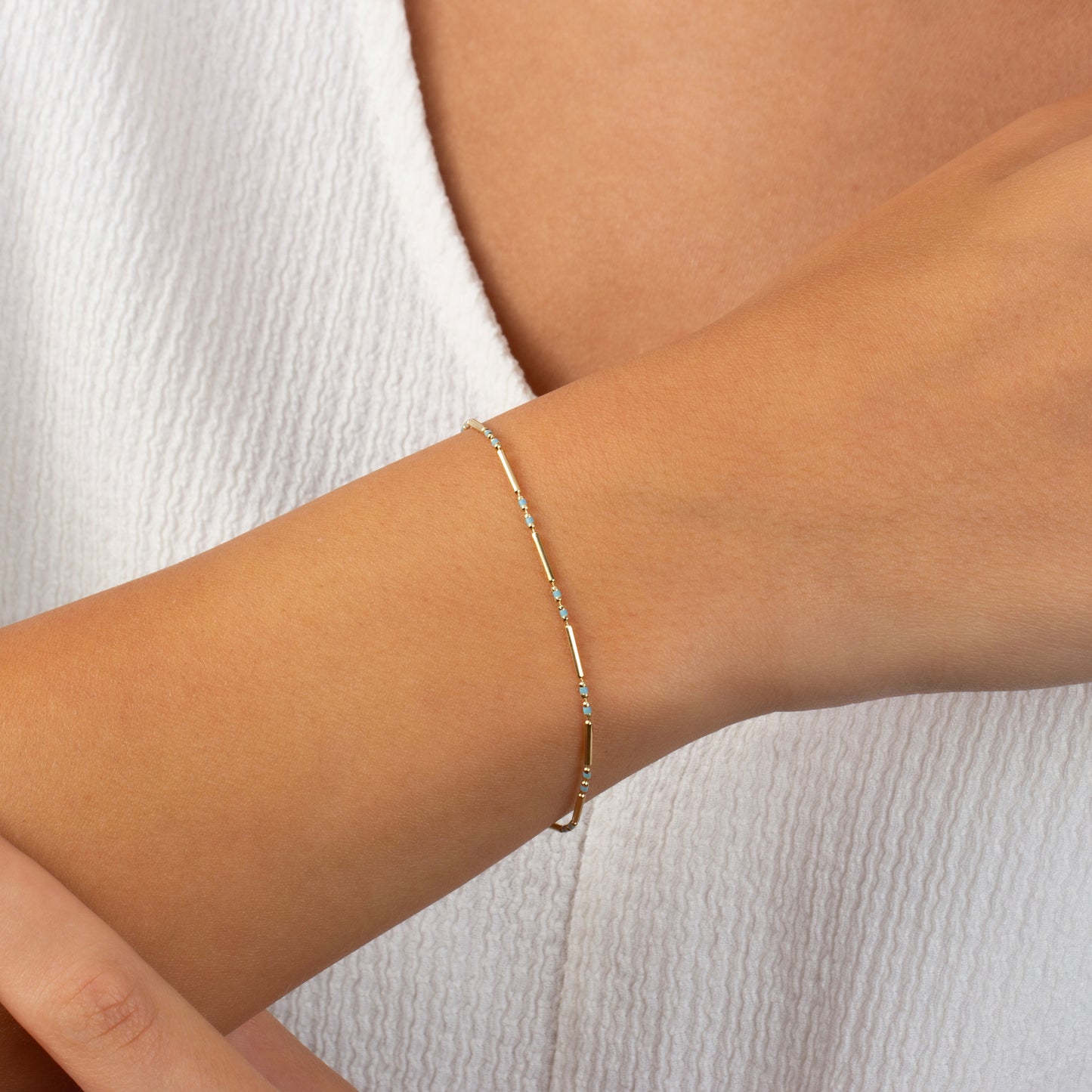 Aquamarine Enameled Beaded Bar Bracelet 14K Solid Gold / Silver, Layered Spaced Design