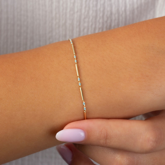 Aquamarine Enameled Beaded Bar Bracelet 14K Solid Gold / Silver, Layered Spaced Design