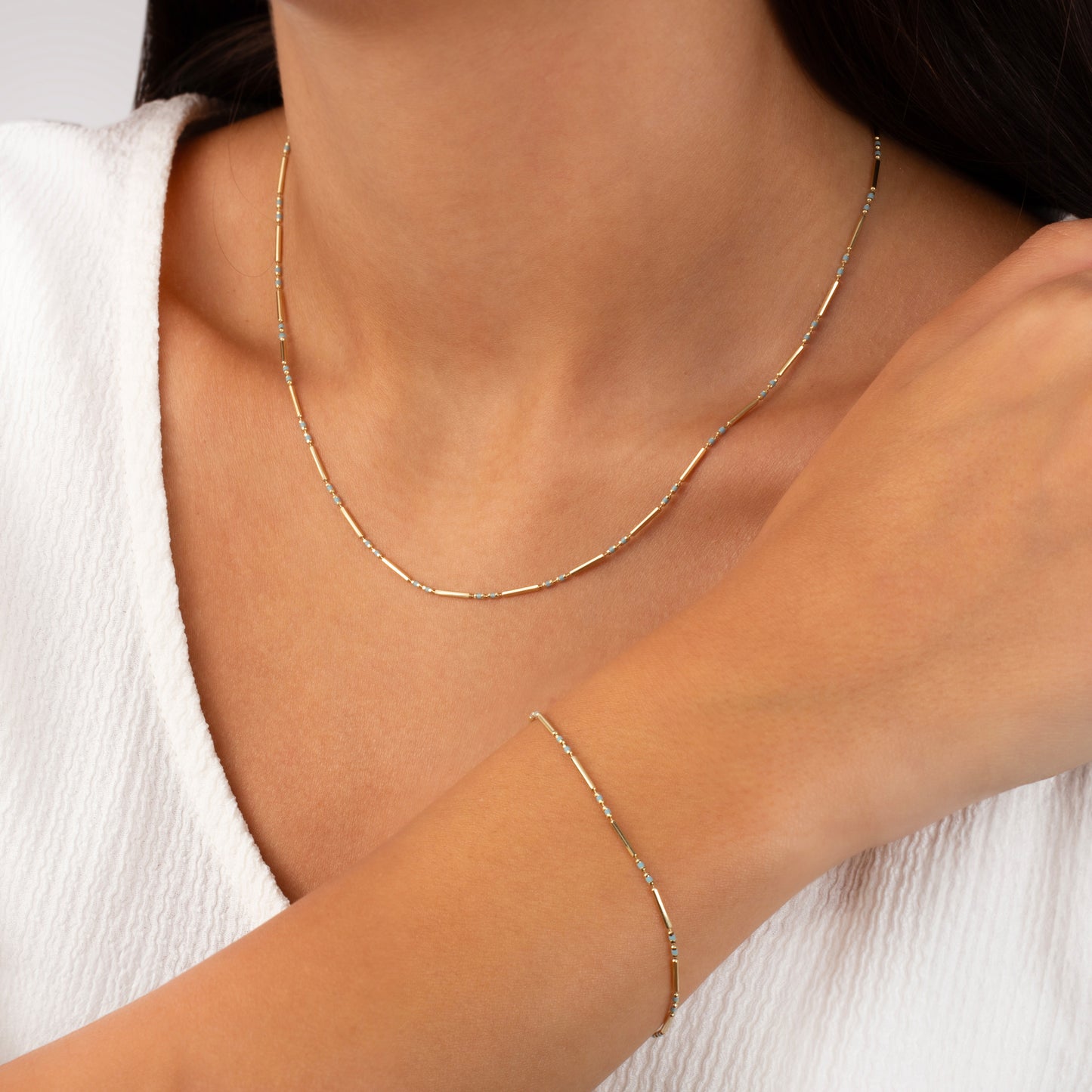 Aquamarine Enameled Beaded Bar Bracelet 14K Solid Gold / Silver, Layered Spaced Design