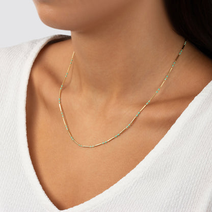 Turquoise 14K Solid Gold / Silver Layered Enameled Spaced Beaded Bar Necklace, Birthstone Jewelry