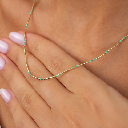 Turquoise 14K Solid Gold / Silver Layered Enameled Spaced Beaded Bar Necklace, Birthstone Jewelry