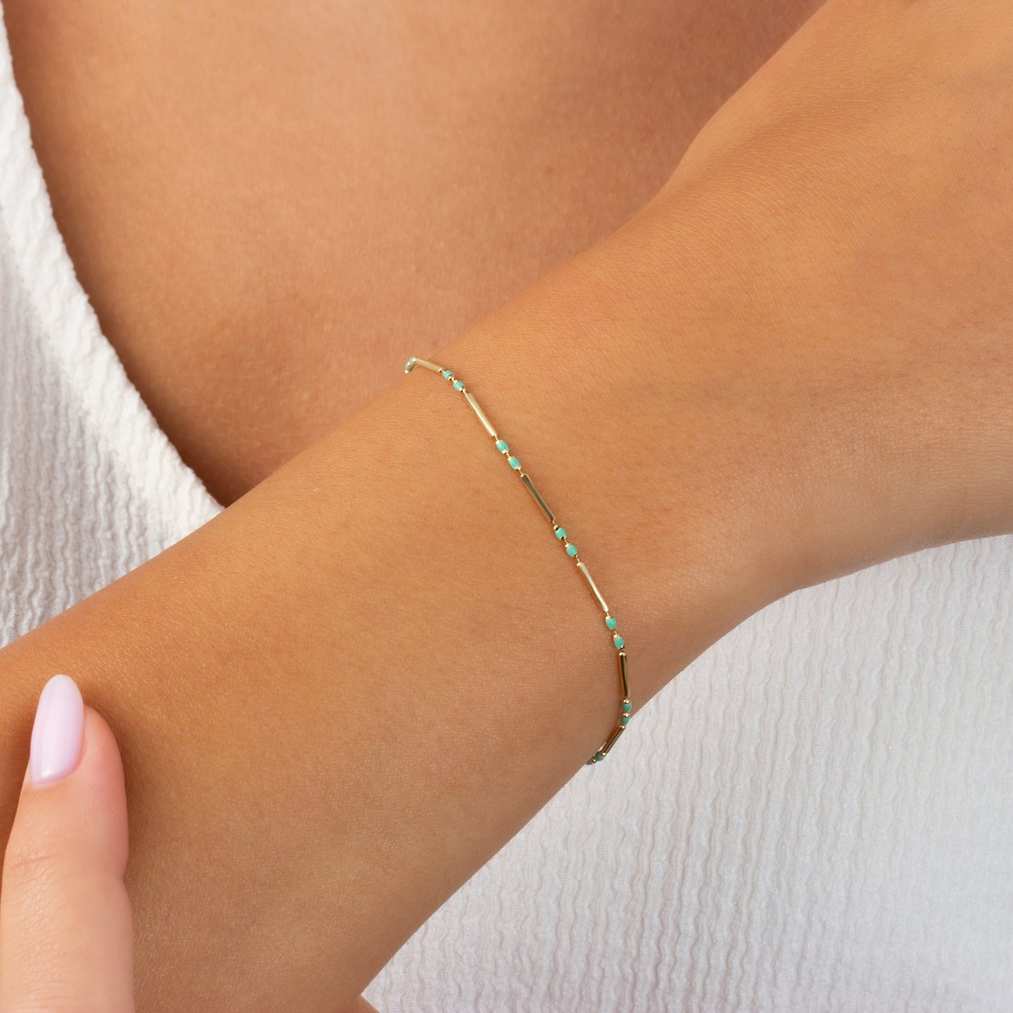 Turquoise Enameled Beaded Bar Bracelet 14K Solid Gold / Silver, Layered Spaced Design