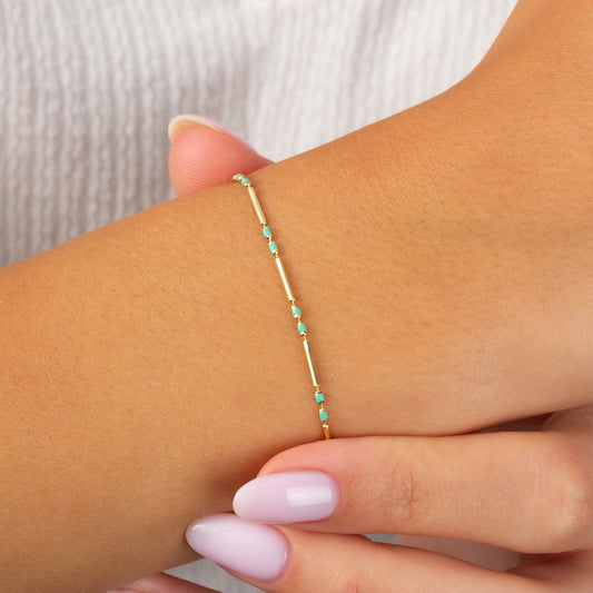 Turquoise Enameled Beaded Bar Bracelet 14K Solid Gold / Silver, Layered Spaced Design