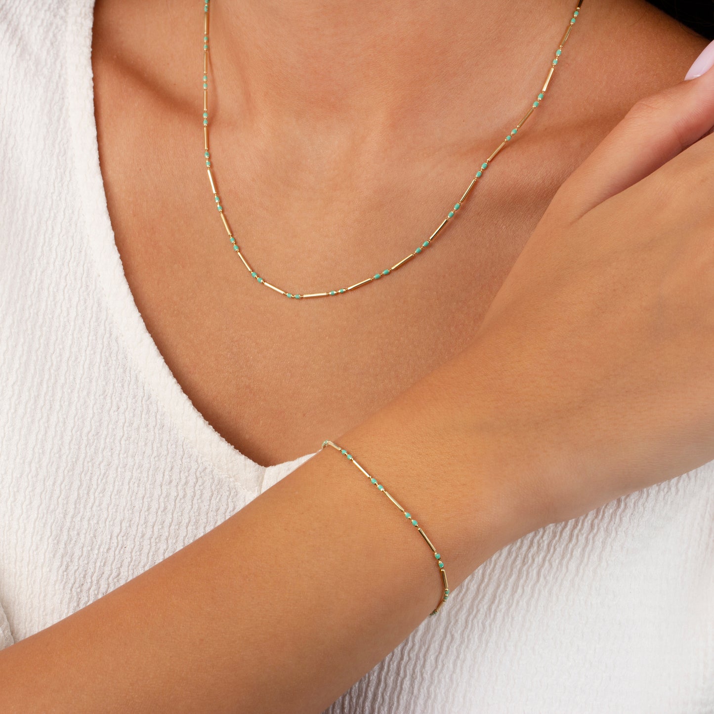 Turquoise 14K Solid Gold / Silver Layered Enameled Spaced Beaded Bar Necklace, Birthstone Jewelry