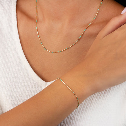 Turquoise 14K Solid Gold / Silver Layered Enameled Spaced Beaded Bar Necklace, Birthstone Jewelry