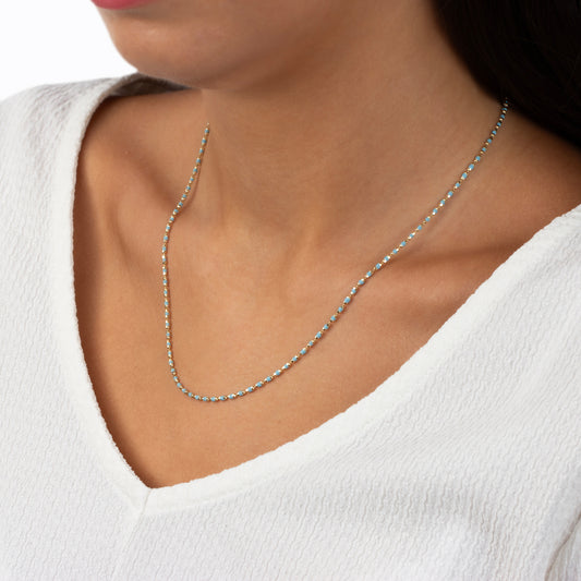 Blue Topaz Enameled Beaded Necklace in 14K / Silver Solid Gold, Mini Italian Ball Chain