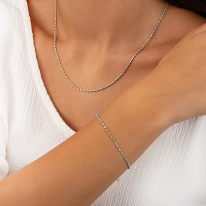 Blue Topaz Enameled Beaded Necklace in 14K / Silver Solid Gold, Mini Italian Ball Chain