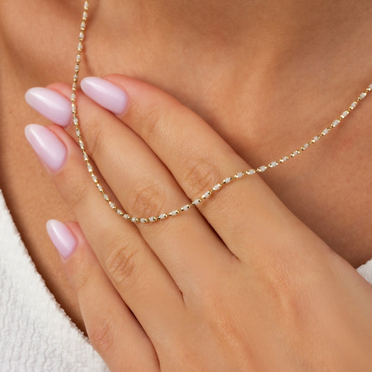 Pearl White Enameled Beaded Necklace in 14K / Silver Solid Gold, Mini Italian Ball Chain