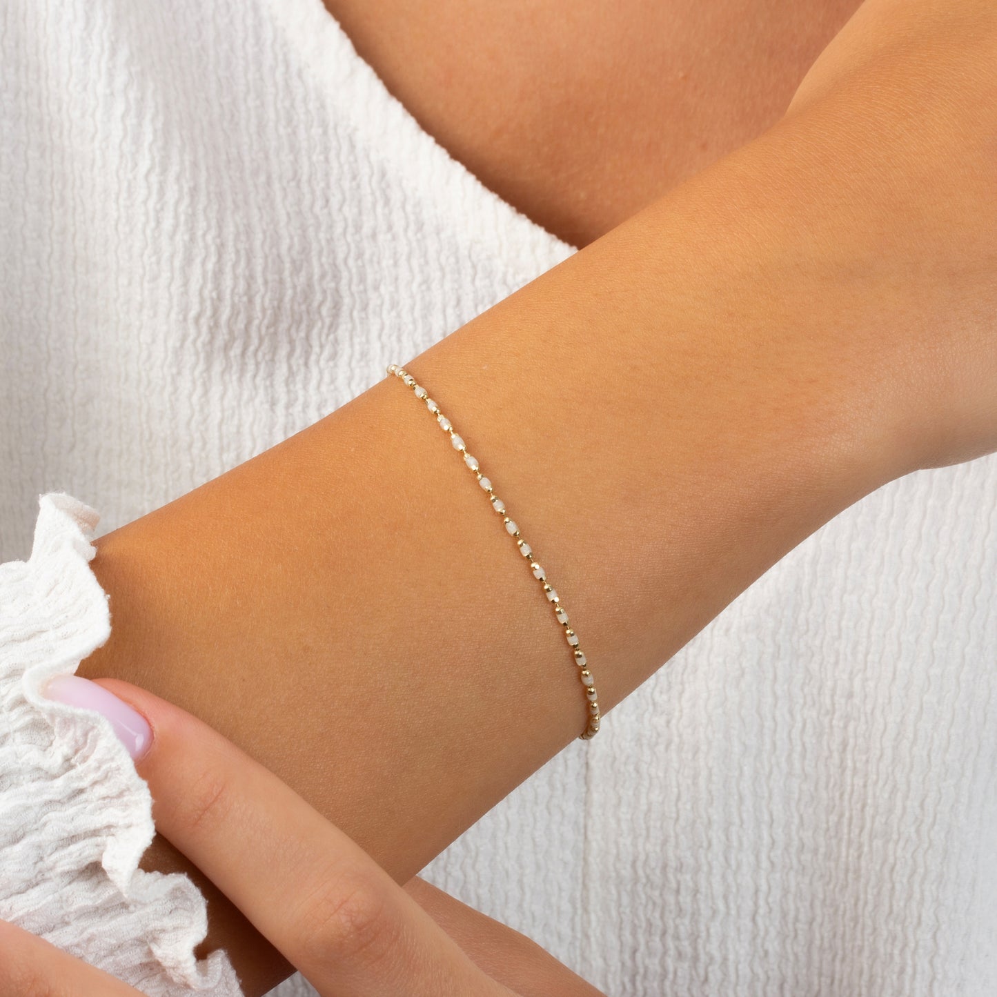 White Topaz Enameled Beaded Bracelet 14K Solid Gold / Silver, Mini Italian Ball Chain