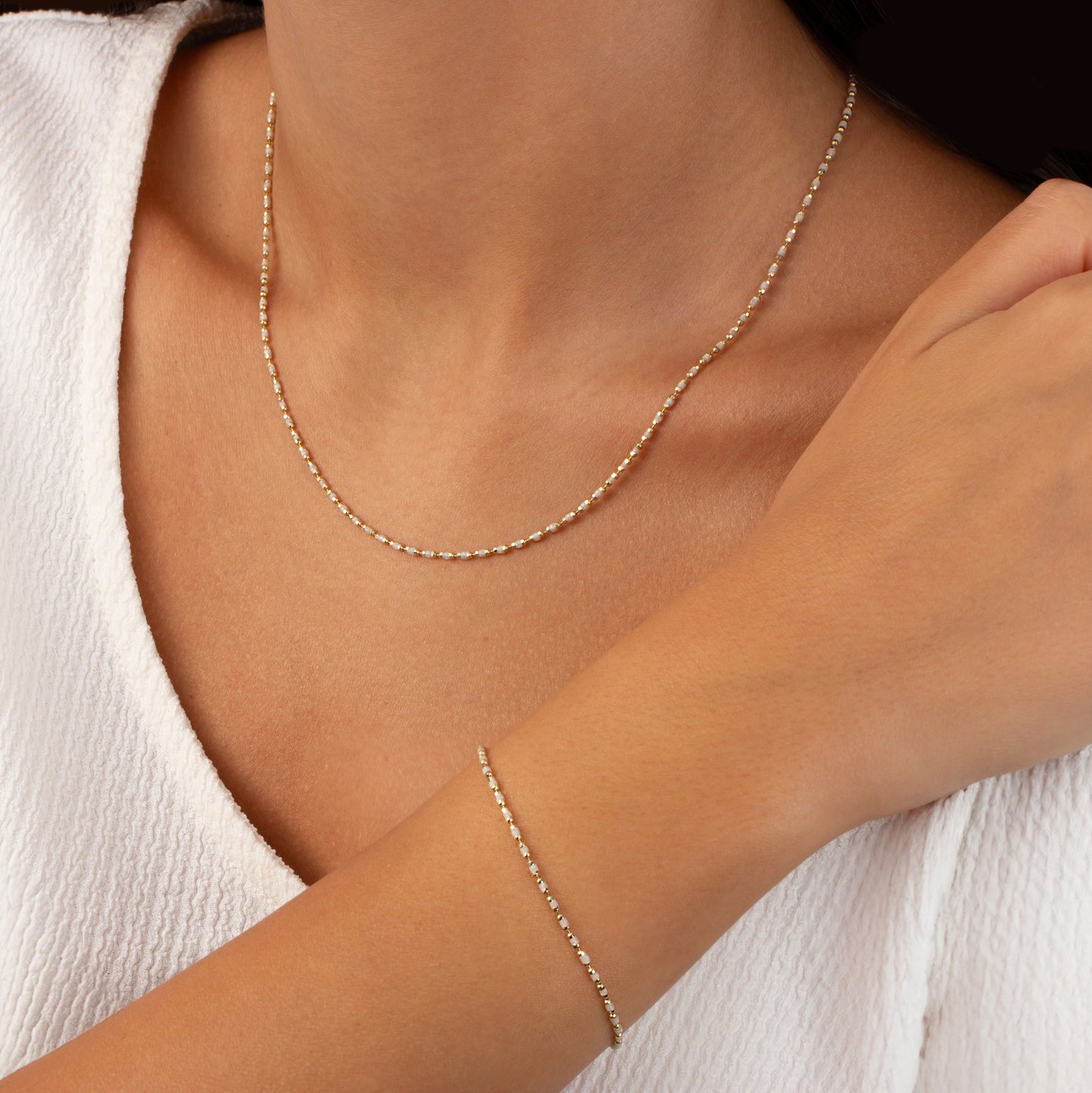 Pearl White Enameled Beaded Necklace in 14K / Silver Solid Gold, Mini Italian Ball Chain