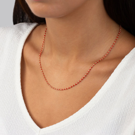Ruby Enameled Beaded Necklace in 14K / SilverSolid Gold, Mini Italian Ball Chain