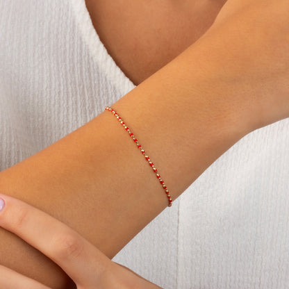 Ruby Enameled Beaded Bracelet 14K Solid Gold / Silver, Mini Italian Ball Chain, July Birthstone
