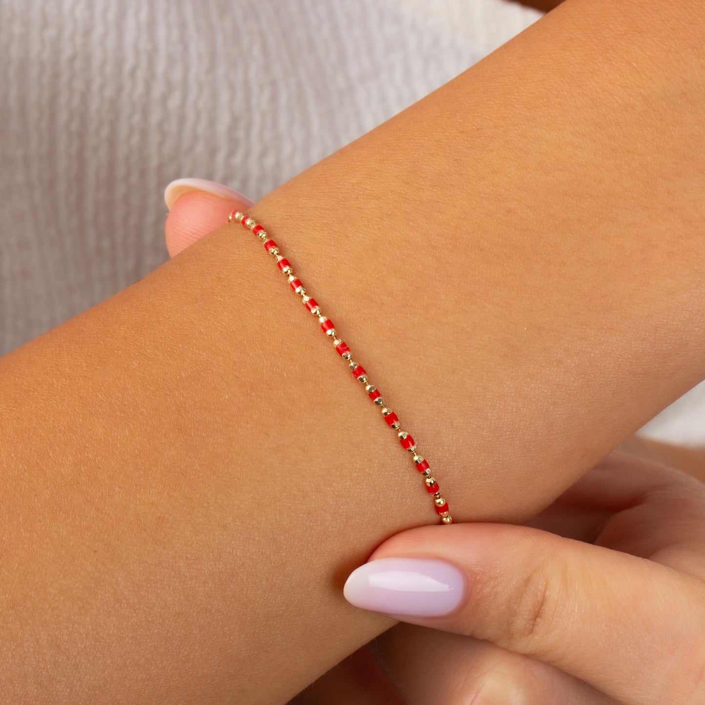 Ruby Enameled Beaded Bracelet 14K Solid Gold / Silver, Mini Italian Ball Chain, July Birthstone