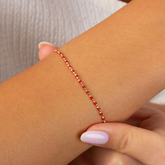 Ruby Enameled Beaded Bracelet 14K Solid Gold / Silver, Mini Italian Ball Chain, July Birthstone